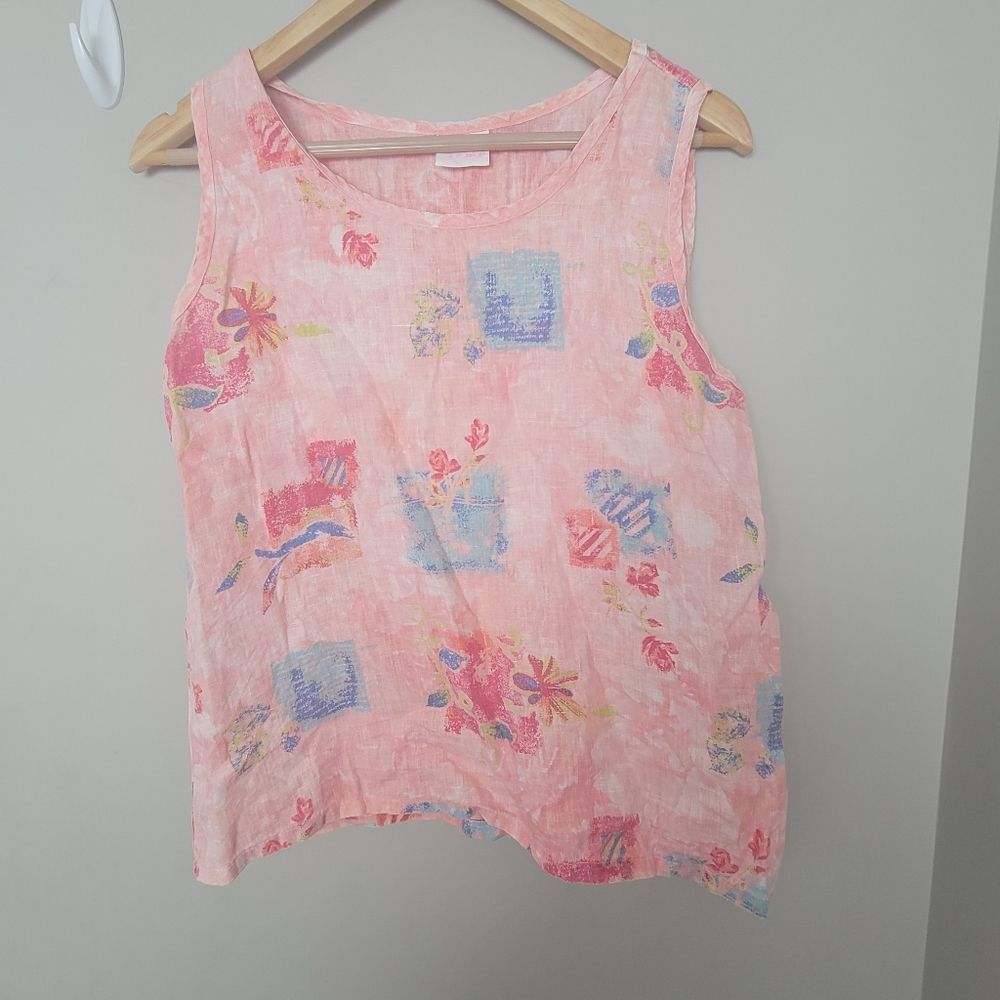STAMP Pink Linen Sleeveless Abstract Floral Tank  Blouse Small